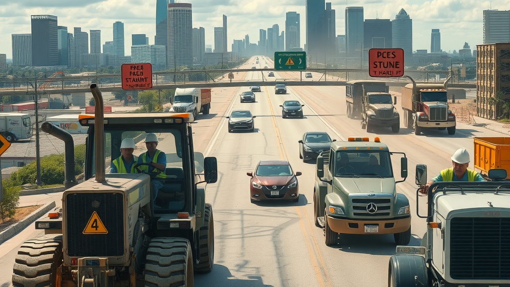Bustling Houston roadway under active construction with workers and large machinery, downtown skyscrapers and residential neighborhoods visible, road construction Houston scene