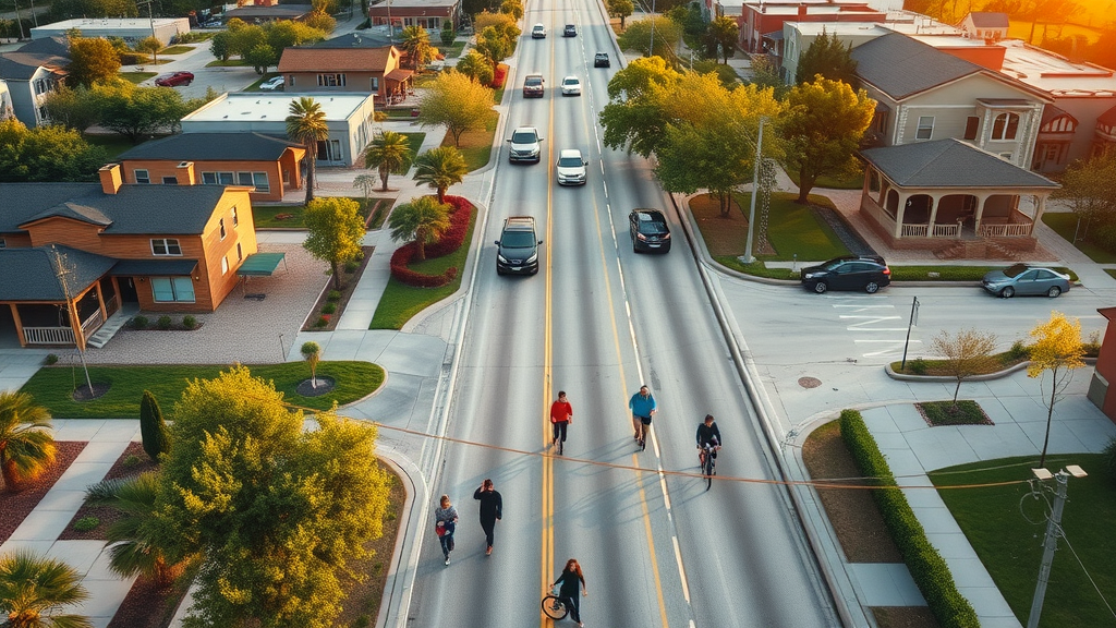 Aerial view of completed road construction Houston with happy commuters and families in vibrant neighborhood