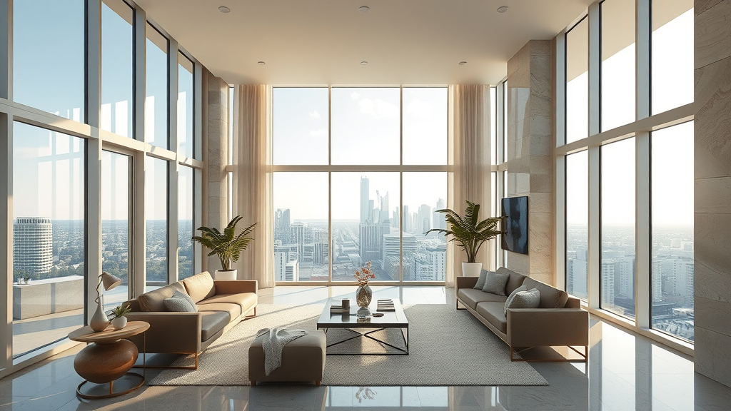 Sophisticated Houston living room with panoramic skyline, architectural and interior design houston.