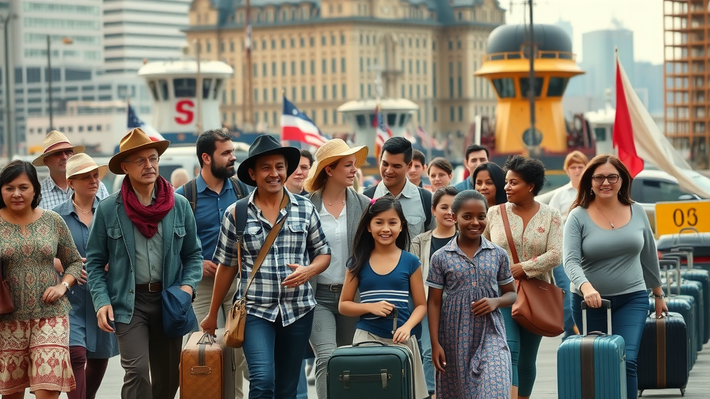 diverse immigrants, historic Houston, bustling dock, vibrant cityscape, Houston history