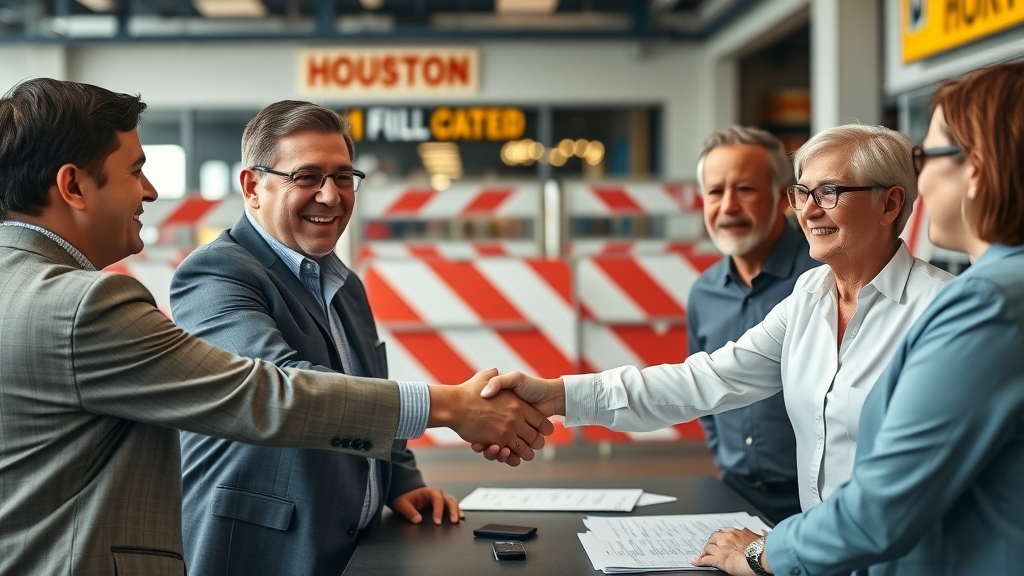 Houston energy corridor district officials and business owners collaborating on road construction Houston projects, in a busy commercial area