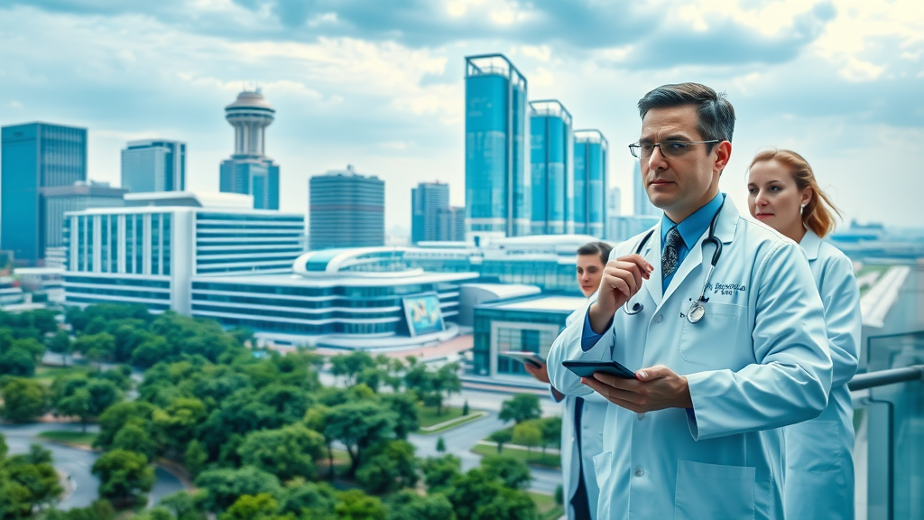 futuristic Texas Medical Center skyline, research buildings, innovation in Houston history